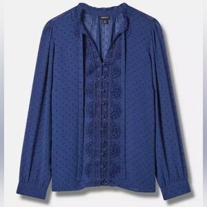 Torrid Blue Chiffon Clip Dot Ruffle Neck Tie Front Top